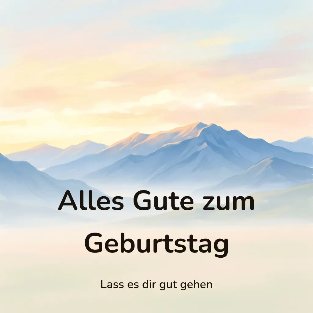 Geburtstagsbild: blaue Bergkette im warmen Morgenlicht mit Nebel im Tal, mit dem Schriftzug „Alles Gute zum Geburtstag“ und „Lass es dir gut gehen“