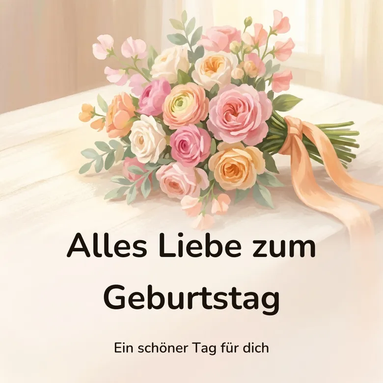 Geburtstagsbild: großer Strauß aus Rosen und Gartenblumen in Rosa, Creme und Apricot auf einem hellen Tisch, mit dem Schriftzug „Alles Liebe zum Geburtstag“ und „Ein schöner Tag für dich“