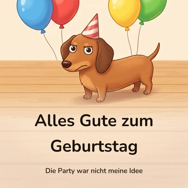 Geburtstagsbild: Comic-Dackel mit Partyhütchen schaut grimmig, dahinter bunte Luftballons, mit dem Schriftzug „Alles Gute zum Geburtstag“ und „Die Party war nicht meine Idee“