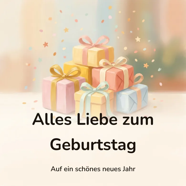 Geburtstagsbild: verpackte Geschenke mit Schleifen und fallendem Konfetti, mit dem Schriftzug „Alles Liebe zum Geburtstag“ und „Auf ein schönes neues Jahr“