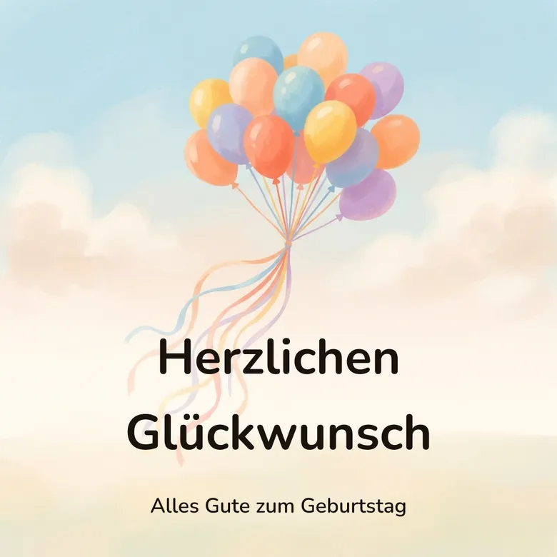 Geburtstagsbild: bunte Luftballons steigen in einen hellen Himmel, mit dem Schriftzug „Herzlichen Glückwunsch“ und „Alles Gute zum Geburtstag“