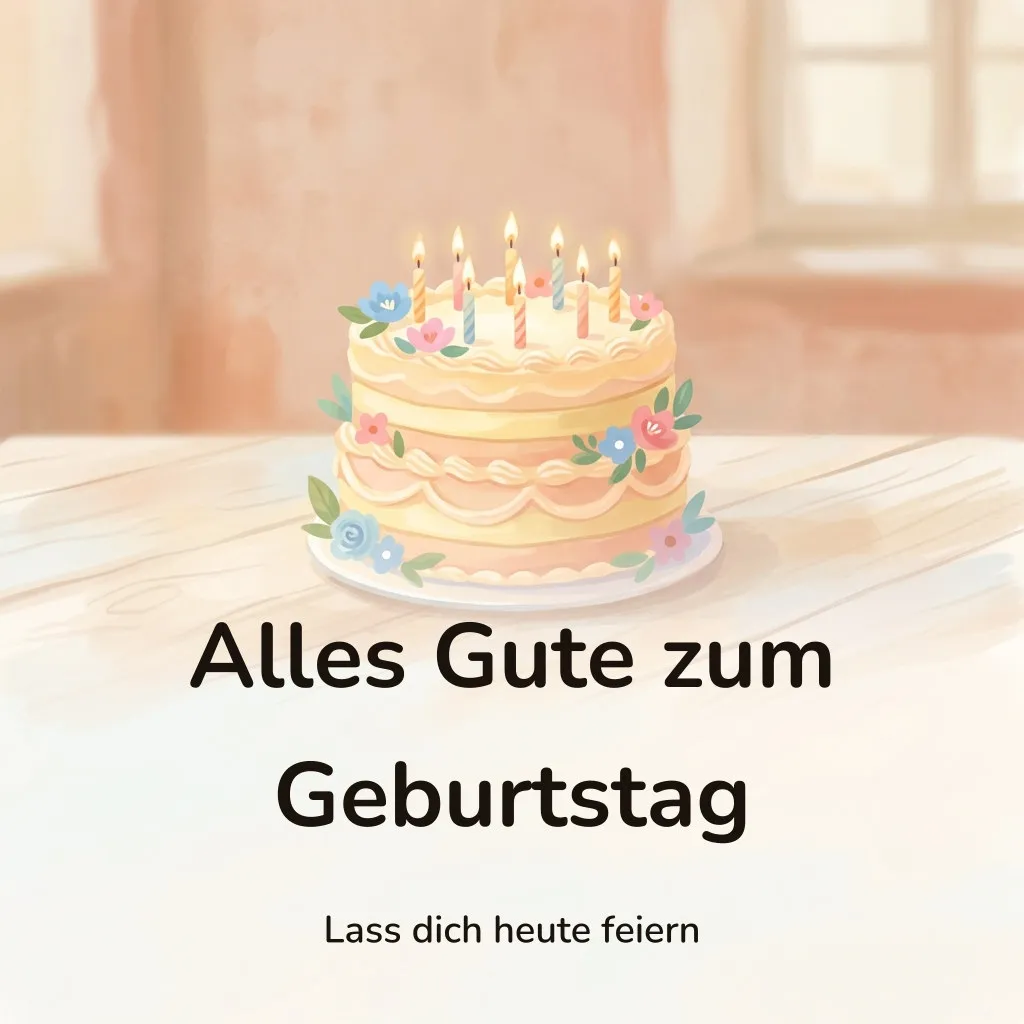 Geburtstagsbild: Geburtstagstorte mit brennenden Kerzen, mit dem Schriftzug „Alles Gute zum Geburtstag“ und „Lass dich heute feiern“