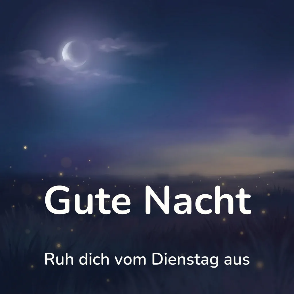 Gute-Nacht-Bild: weite nächtliche Wiese mit Glühwürmchen über dem Gras, darüber ein tiefblauer Himmel mit schmaler Mondsichel, mit dem Schriftzug „Gute Nacht“ und „Ruh dich vom Dienstag aus“