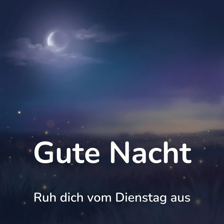 Gute-Nacht-Bild: weite nächtliche Wiese mit Glühwürmchen über dem Gras, darüber ein tiefblauer Himmel mit schmaler Mondsichel, mit dem Schriftzug „Gute Nacht“ und „Ruh dich vom Dienstag aus“