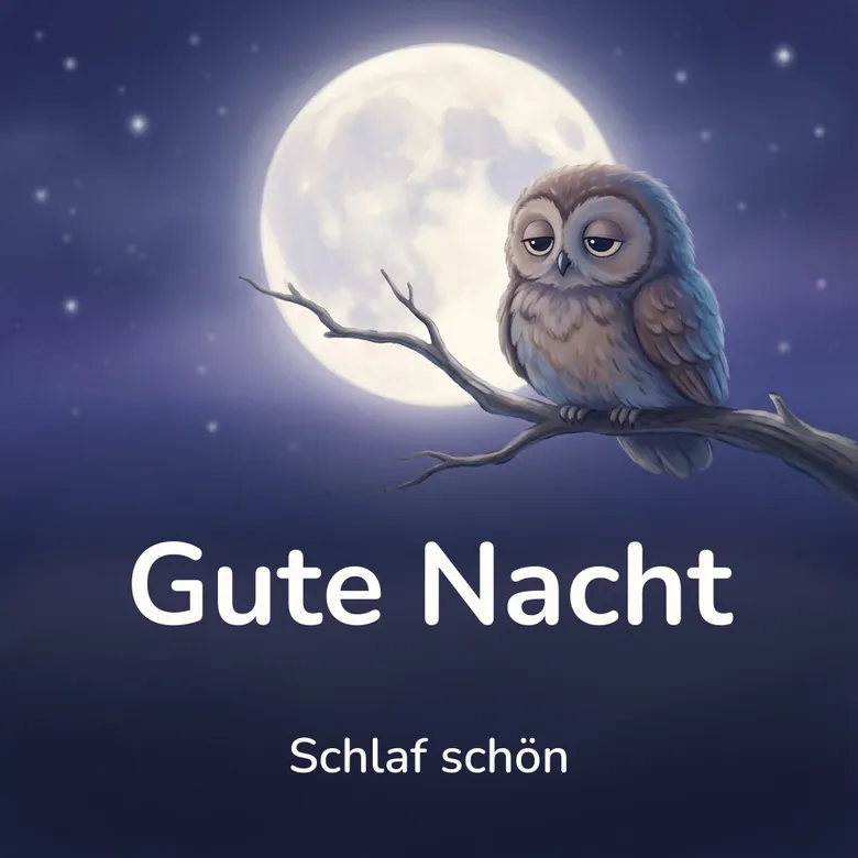 Gute-Nacht-Bild: müde Eule auf einem Ast vor dem Vollmond, mit dem Schriftzug „Gute Nacht“ und „Schlaf schön“
