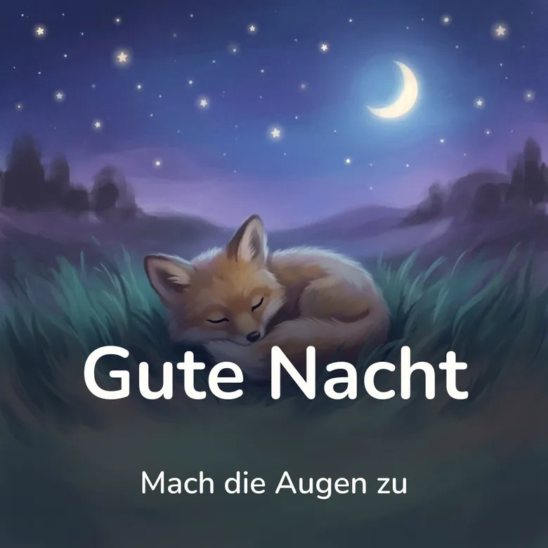 Gute-Nacht-Bild: kleiner Fuchs schläft zusammengerollt im hohen Gras unter dem Sternenhimmel, mit dem Schriftzug „Gute Nacht“ und „Mach die Augen zu“