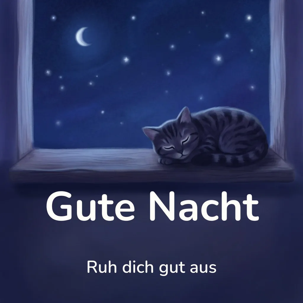 Gute-Nacht-Bild: schlafende Katze auf einer Fensterbank vor einem Sternenhimmel, mit dem Schriftzug „Gute Nacht“ und „Ruh dich gut aus“
