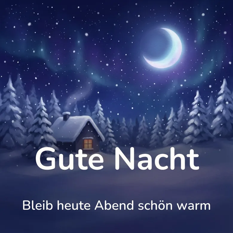 Gute-Nacht-Bild: verschneites Häuschen mit erleuchtetem Fenster zwischen Tannen unter einem winterlichen Nachthimmel, mit dem Schriftzug „Gute Nacht“ und „Bleib heute Abend schön warm“