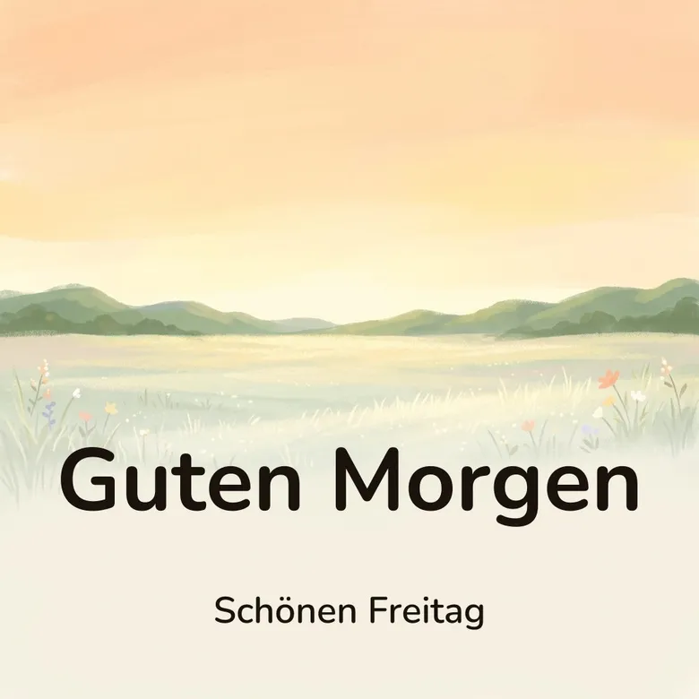 Guten-Morgen-Bild: weite Morgenwiese unter einem apricotfarbenen Himmel, mit dem Schriftzug „Guten Morgen“ und „Schönen Freitag“