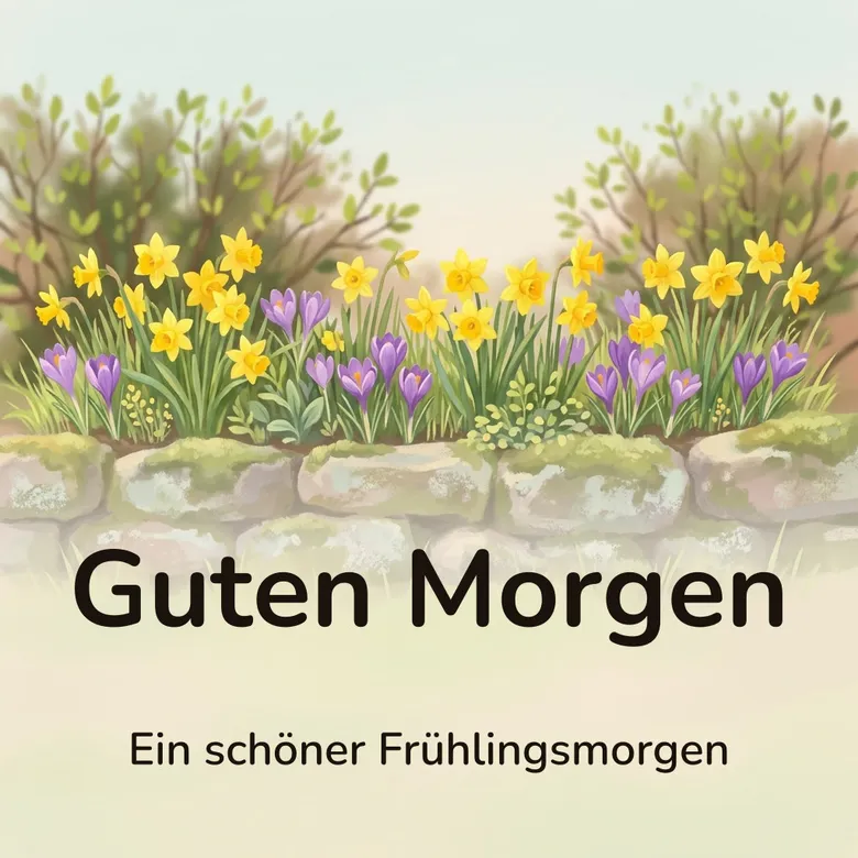 Guten-Morgen-Bild: gelbe Narzissen und violette Krokusse im frischen Frühlingsgras vor einer niedrigen Moosmauer, mit dem Schriftzug „Guten Morgen“ und „Ein schöner Frühlingsmorgen“