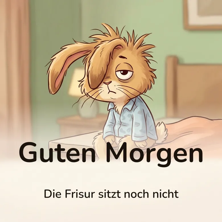 Guten-Morgen-Bild: zerknautschter Hase mit einem umgeklappten Ohr, halb wach, mit dem Schriftzug „Guten Morgen“ und „Die Frisur sitzt noch nicht“