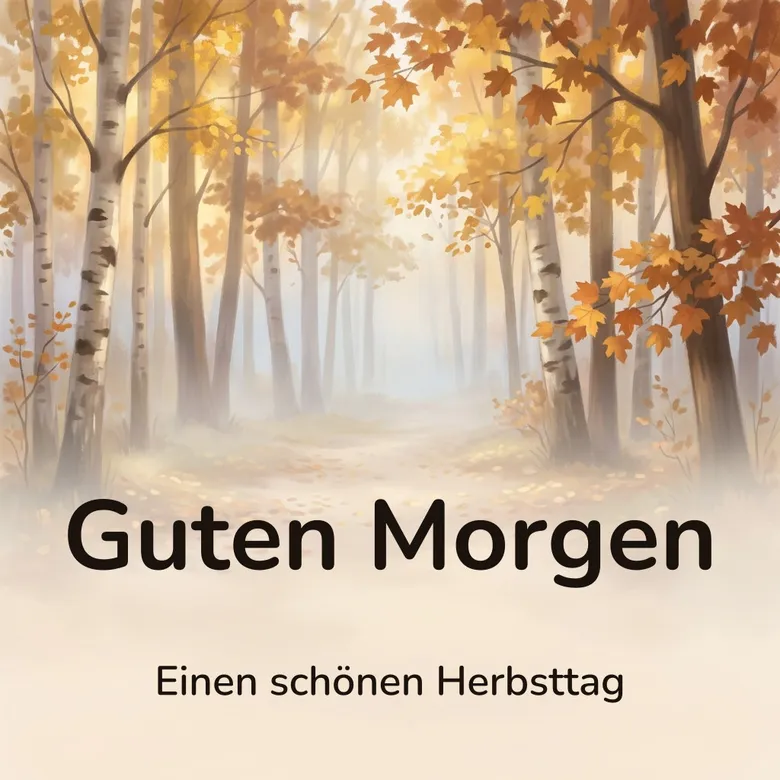Guten-Morgen-Bild: stiller Herbstweg zwischen goldenen Bäumen im Morgennebel, mit dem Schriftzug „Guten Morgen“ und „Einen schönen Herbsttag“