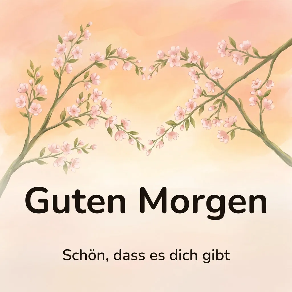 Guten-Morgen-Bild: zwei blühende Zweige, die sich zu einem Herz zusammenneigen, mit dem Schriftzug „Guten Morgen“ und „Schön, dass es dich gibt“