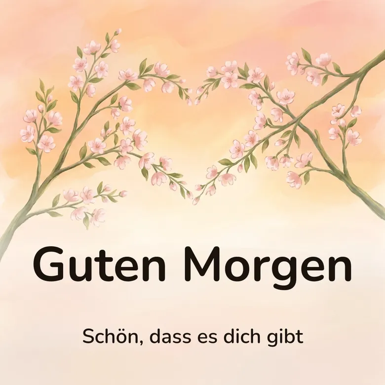 Guten-Morgen-Bild: zwei blühende Zweige, die sich zu einem Herz zusammenneigen, mit dem Schriftzug „Guten Morgen“ und „Schön, dass es dich gibt“