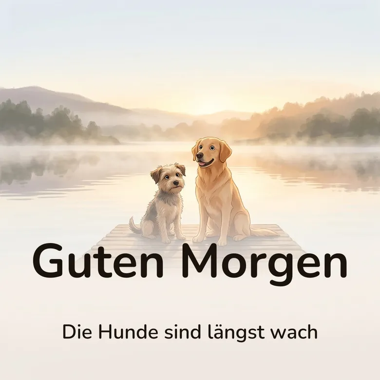 Guten-Morgen-Bild: zwei Hunde nebeneinander auf einem hölzernen Steg am stillen See im Morgennebel, mit dem Schriftzug „Guten Morgen“ und „Die Hunde sind längst wach“