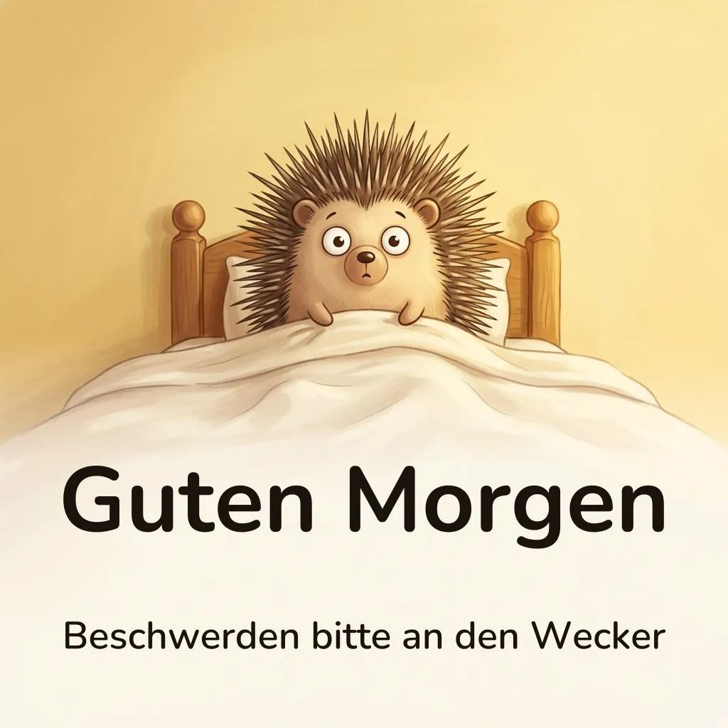 Guten-Morgen-Bild: aufgeschreckter Igel mit weit abstehenden Stacheln, der über die Bettdecke hinweg starrt, mit dem Schriftzug „Guten Morgen“ und „Beschwerden bitte an den Wecker“