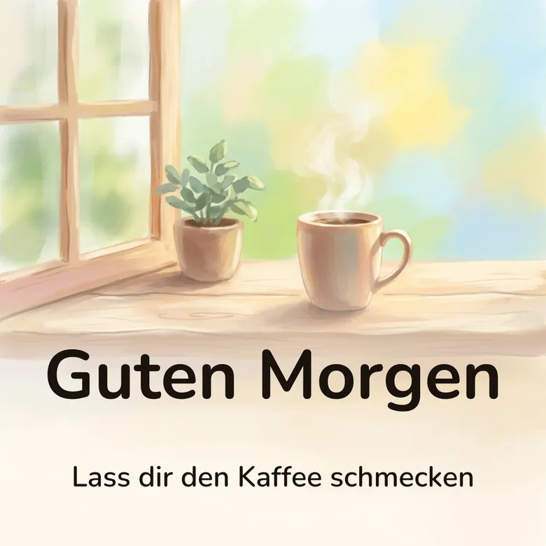 Guten-Morgen-Bild: dampfende Kaffeetasse auf einer sonnigen Fensterbank, mit dem Schriftzug „Guten Morgen“ und „Lass dir den Kaffee schmecken“