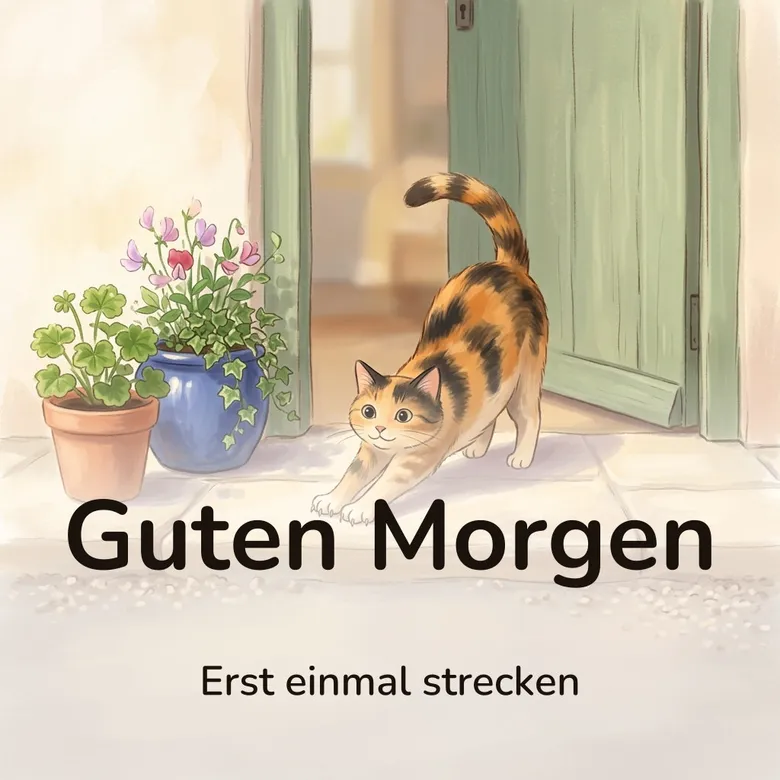 Guten-Morgen-Bild: Katze, die sich auf einer sonnigen Türschwelle streckt, mit dem Schriftzug „Guten Morgen“ und „Erst einmal strecken“
