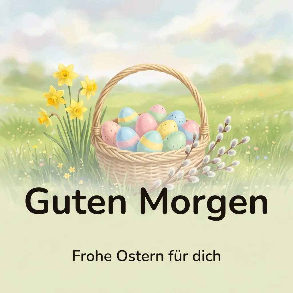 Guten-Morgen-Bild: Korb mit pastellfarbenen Ostereiern im frischen Frühlingsgras, daneben Narzissen und ein Weidenkätzchenzweig, mit dem Schriftzug „Guten Morgen“ und „Frohe Ostern für dich“