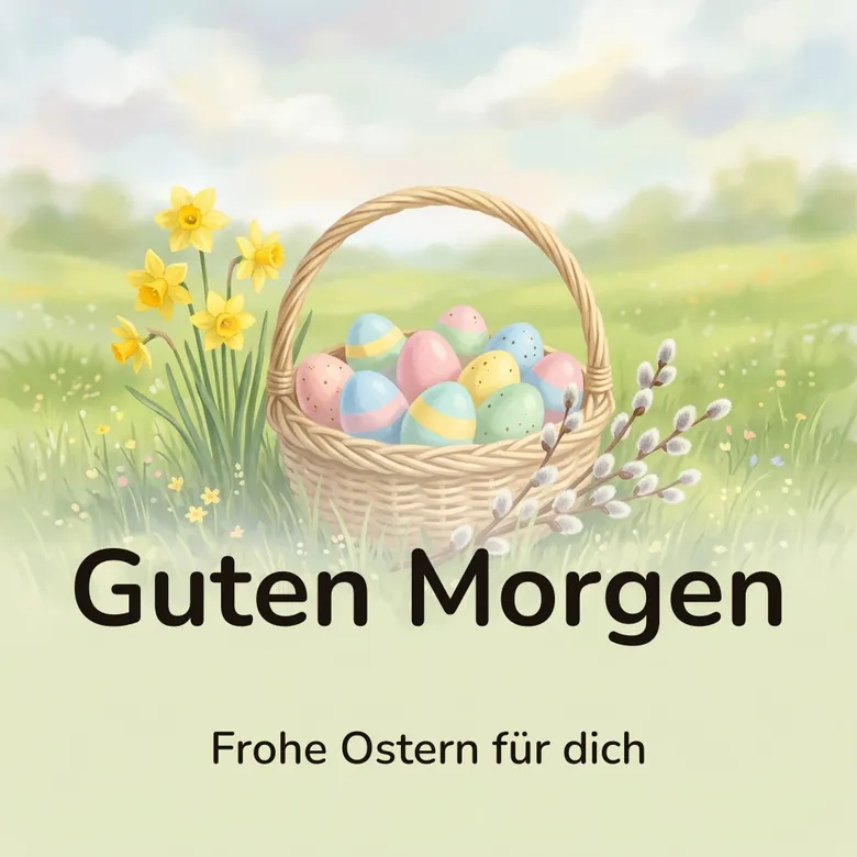 Guten-Morgen-Bild: Korb mit pastellfarbenen Ostereiern im frischen Frühlingsgras, daneben Narzissen und ein Weidenkätzchenzweig, mit dem Schriftzug „Guten Morgen“ und „Frohe Ostern für dich“