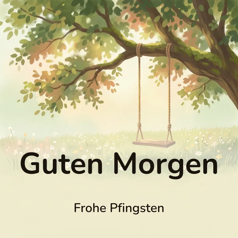 Guten-Morgen-Bild: leere Holzschaukel am Ast einer alten Eiche über einer sommerlichen Wiese mit Margeriten, mit dem Schriftzug „Guten Morgen“ und „Frohe Pfingsten“