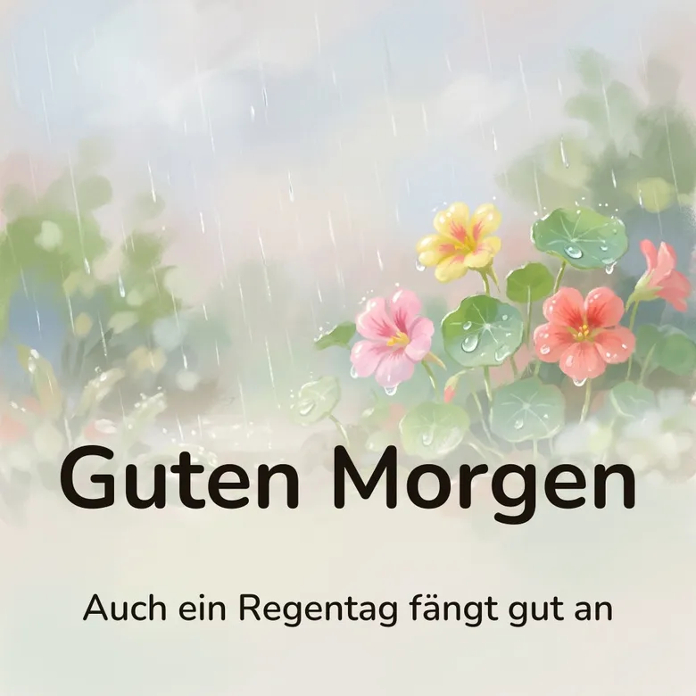 Guten-Morgen-Bild: nasser Garten im feinen Morgenregen mit Tropfen auf den Blüten, mit dem Schriftzug „Guten Morgen“ und „Auch ein Regentag fängt gut an“