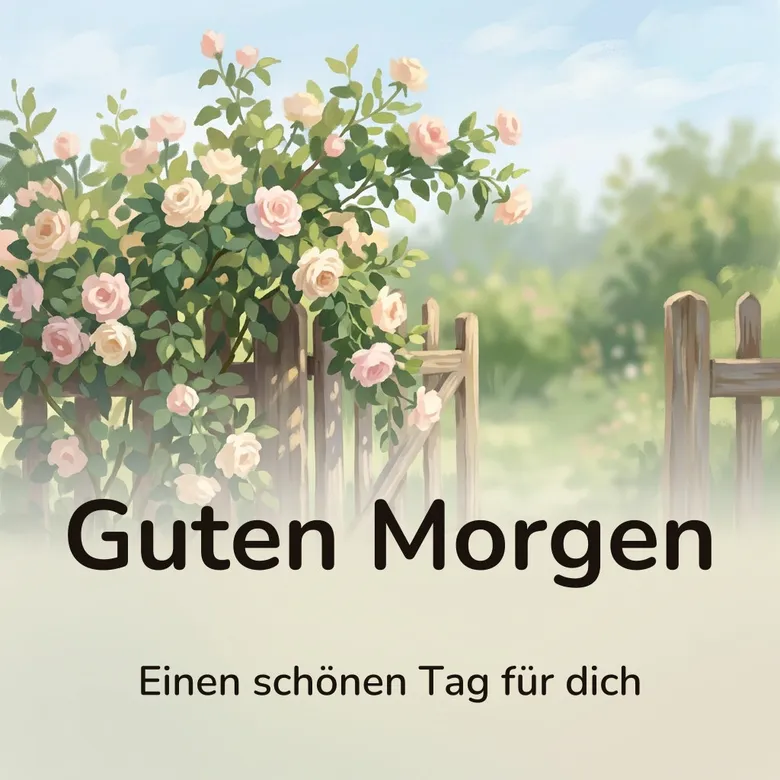 Guten-Morgen-Bild: Kletterrose in voller Blüte über einem kleinen Gartentor, mit dem Schriftzug „Guten Morgen“ und „Einen schönen Tag für dich“