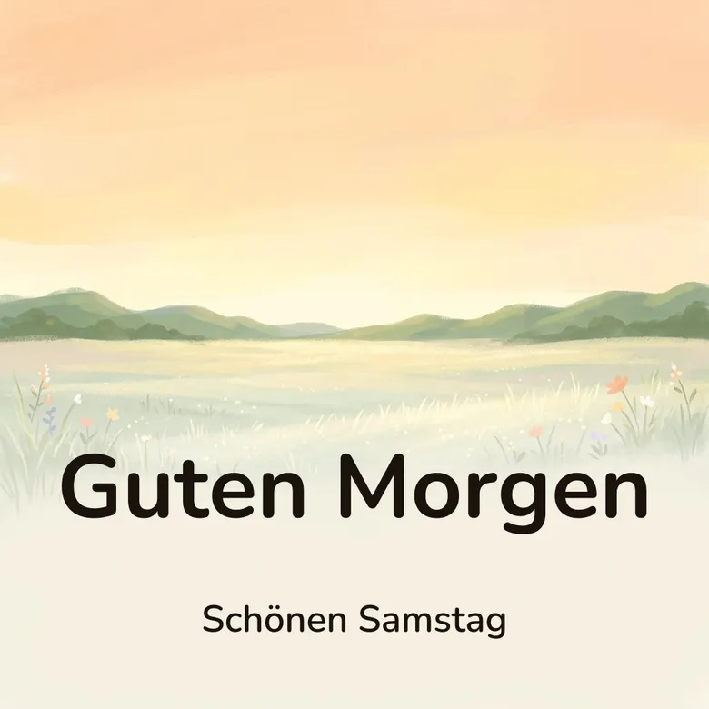 Guten-Morgen-Bild: weite Morgenwiese unter einem apricotfarbenen Himmel, mit dem Schriftzug „Guten Morgen“ und „Schönen Samstag“