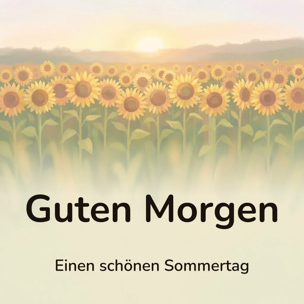 Guten-Morgen-Bild: weites Sonnenblumenfeld in der tiefstehenden Morgensonne mit sommerlichem Dunst über dem Höhenzug, mit dem Schriftzug „Guten Morgen“ und „Einen schönen Sommertag“
