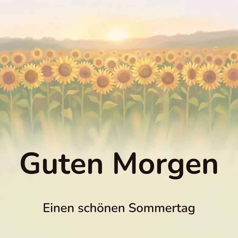 Guten-Morgen-Bild: weites Sonnenblumenfeld in der tiefstehenden Morgensonne mit sommerlichem Dunst über dem Höhenzug, mit dem Schriftzug „Guten Morgen“ und „Einen schönen Sommertag“