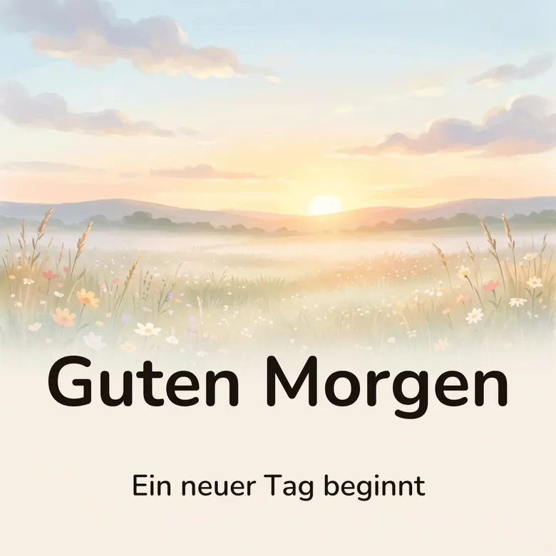 Guten-Morgen-Bild: Sonnenaufgang über einer Blumenwiese im Morgennebel, mit dem Schriftzug „Guten Morgen“ und „Ein neuer Tag beginnt“