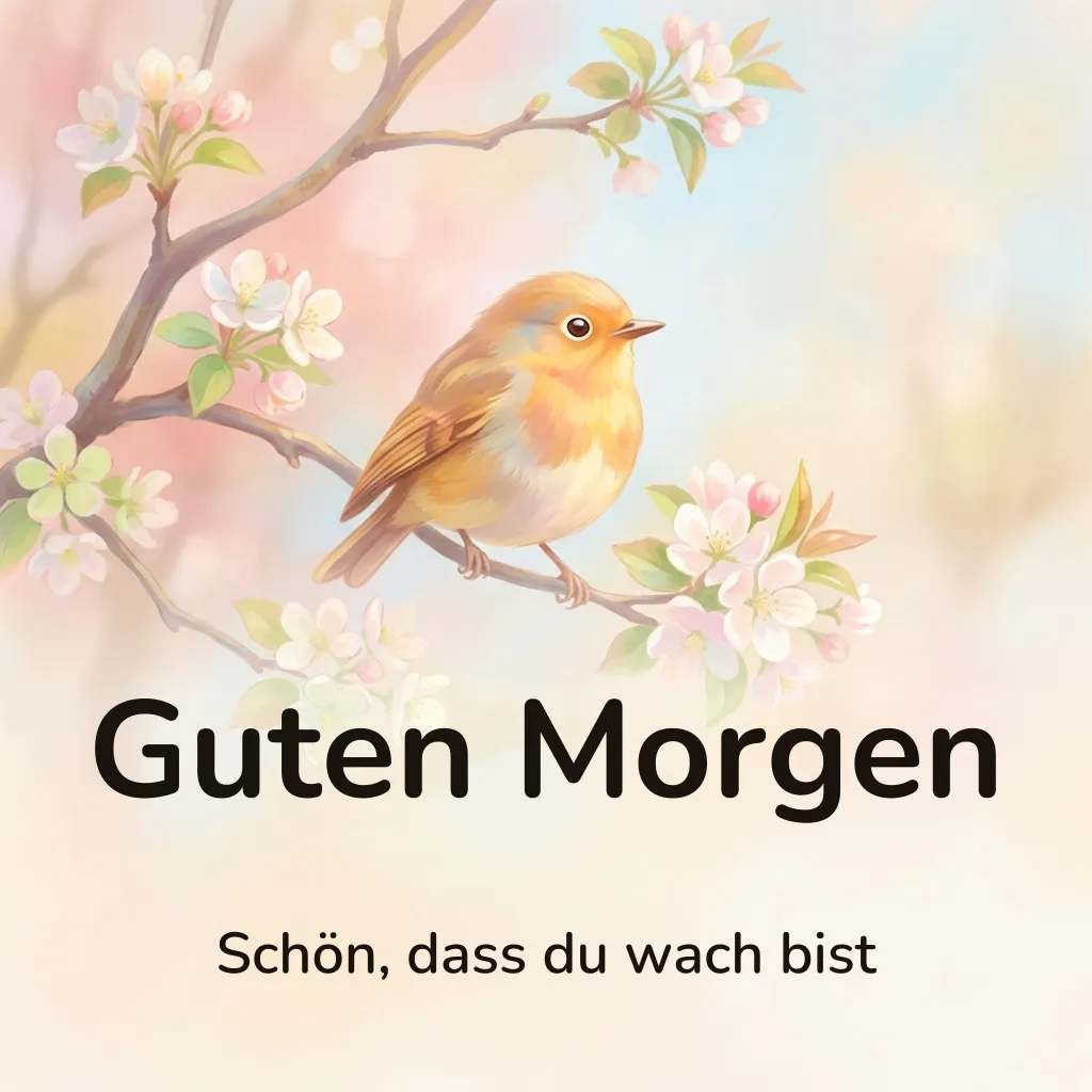 Guten-Morgen-Bild: kleiner Singvogel auf einem blühenden Zweig im Morgenlicht, mit dem Schriftzug „Guten Morgen“ und „Schön, dass du wach bist“