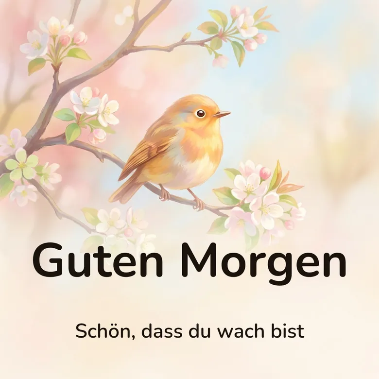 Guten-Morgen-Bild: kleiner Singvogel auf einem blühenden Zweig im Morgenlicht, mit dem Schriftzug „Guten Morgen“ und „Schön, dass du wach bist“