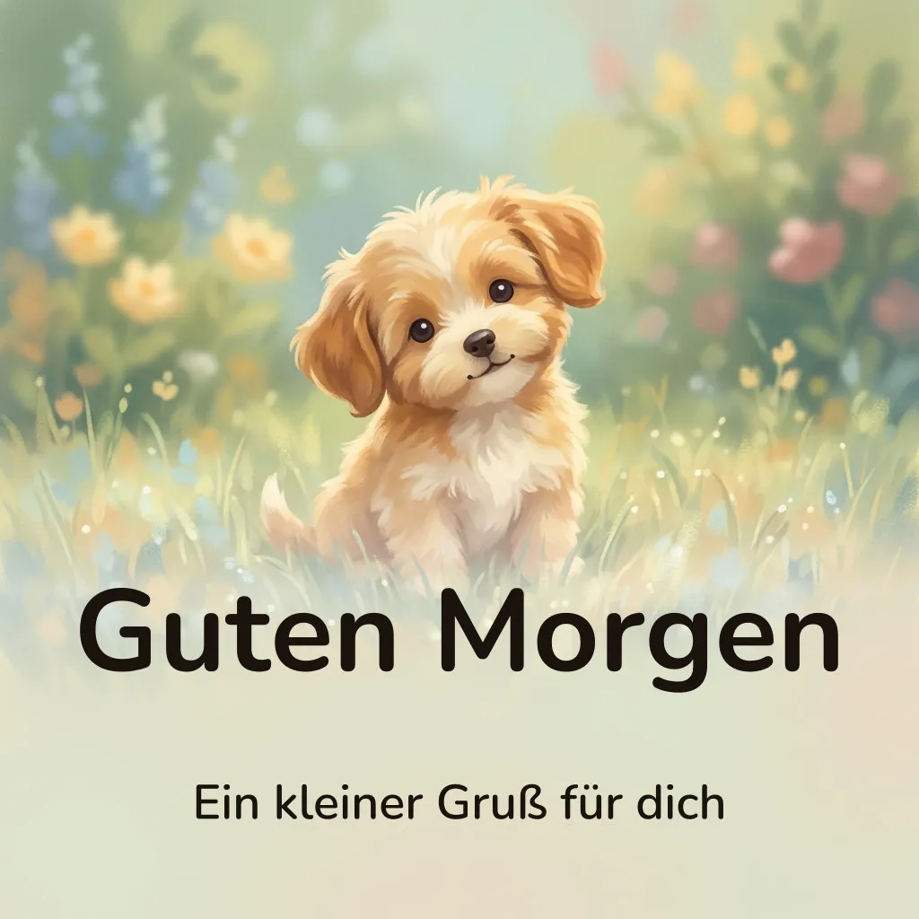 Guten-Morgen-Bild: kleiner Welpe mit schief gelegtem Kopf im taunassen Gras, mit dem Schriftzug „Guten Morgen“ und „Ein kleiner Gruß für dich“