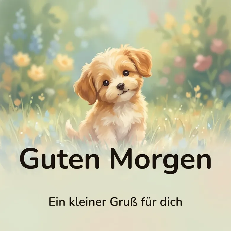 Guten-Morgen-Bild: kleiner Welpe mit schief gelegtem Kopf im taunassen Gras, mit dem Schriftzug „Guten Morgen“ und „Ein kleiner Gruß für dich“