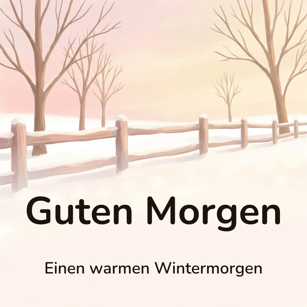 Guten-Morgen-Bild: verschneiter Holzzaun an einem weiten Feld im rosa Wintermorgenlicht, mit dem Schriftzug „Guten Morgen“ und „Einen warmen Wintermorgen“