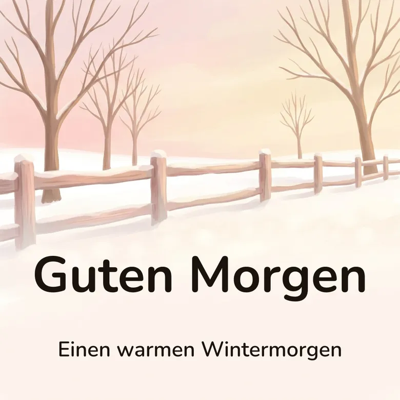 Guten-Morgen-Bild: verschneiter Holzzaun an einem weiten Feld im rosa Wintermorgenlicht, mit dem Schriftzug „Guten Morgen“ und „Einen warmen Wintermorgen“
