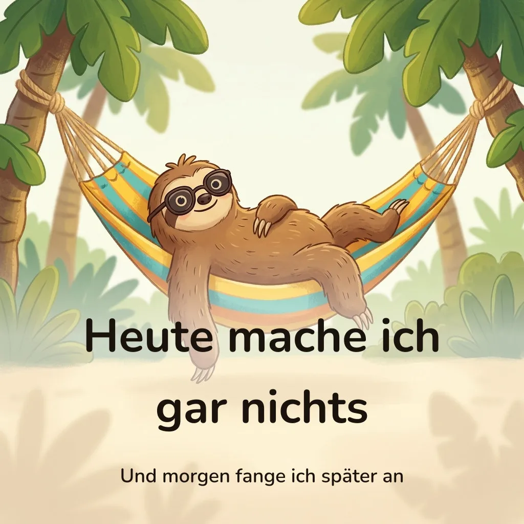 Lustiges Bild: Comic-Faultier mit Sonnenbrille in einer Hängematte, mit dem Schriftzug „Heute mache ich gar nichts“ und „Und morgen fange ich später an“
