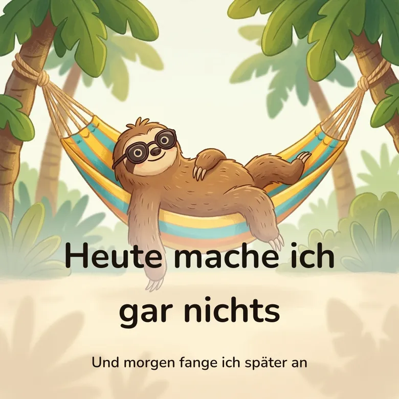 Lustiges Bild: Comic-Faultier mit Sonnenbrille in einer Hängematte, mit dem Schriftzug „Heute mache ich gar nichts“ und „Und morgen fange ich später an“