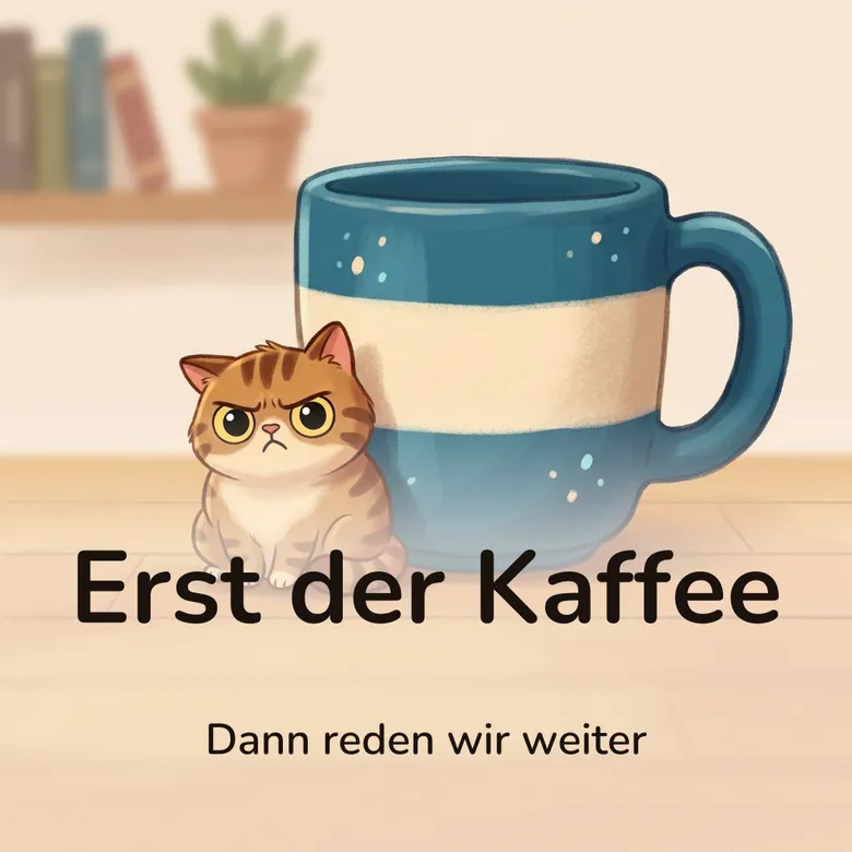 Lustiges Bild: grimmige Comic-Katze neben einer riesigen Kaffeetasse, mit dem Schriftzug „Erst der Kaffee“ und „Dann reden wir weiter“