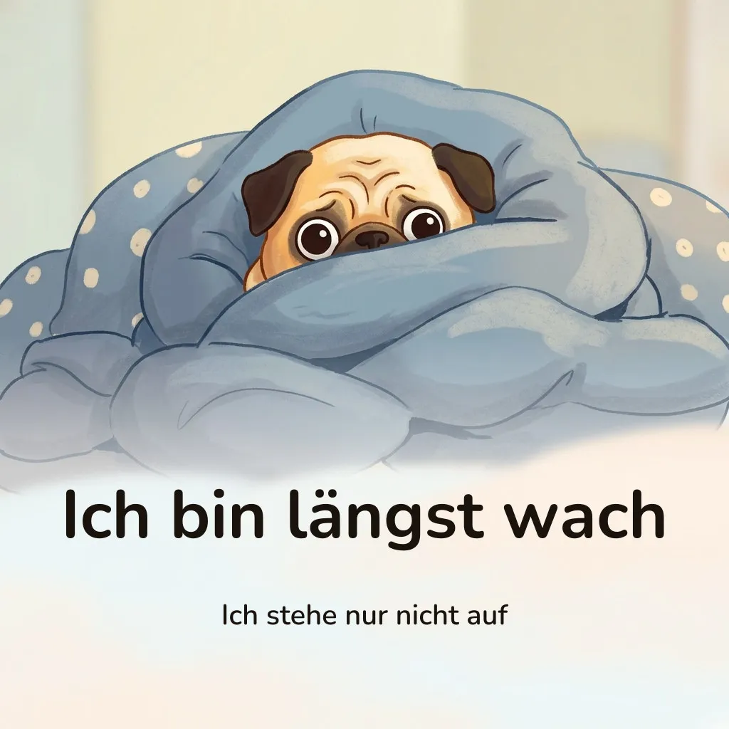 Lustiges Bild: Comic-Mops liegt bis zur Nase in eine dicke Decke gewickelt im Bett, mit dem Schriftzug „Ich bin längst wach“ und „Ich stehe nur nicht auf“