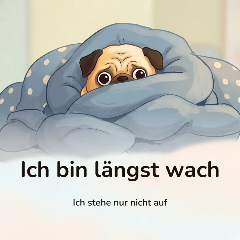 Lustiges Bild: Comic-Mops liegt bis zur Nase in eine dicke Decke gewickelt im Bett, mit dem Schriftzug „Ich bin längst wach“ und „Ich stehe nur nicht auf“