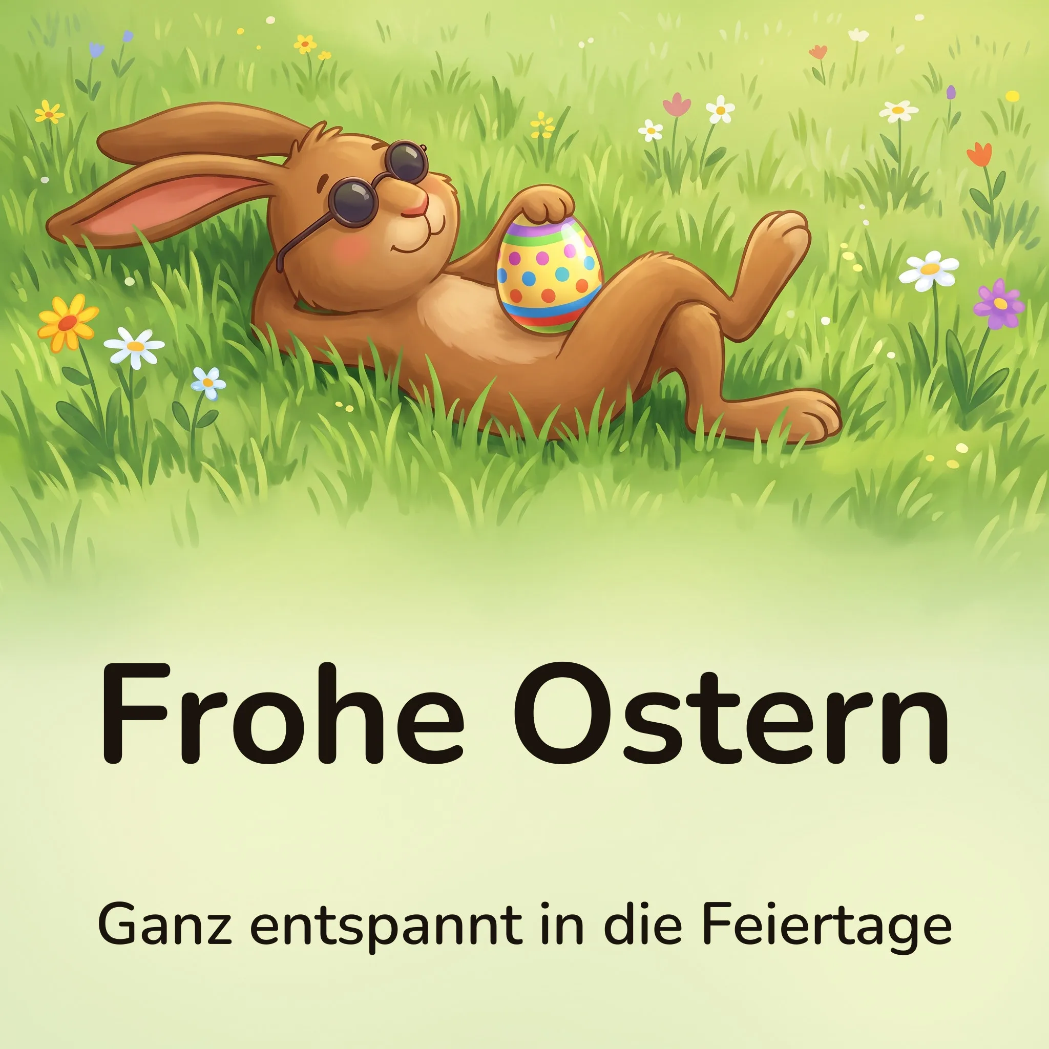 Osterbild: brauner Hase mit runder dunkler Sonnenbrille, entspannt im hohen Gras zurückgelehnt, ein kleines geflecktes Ei an sich gedrückt, ringsum Wiesenblumen, mit dem Schriftzug „Frohe Ostern“ und „Ganz entspannt in die Feiertage“