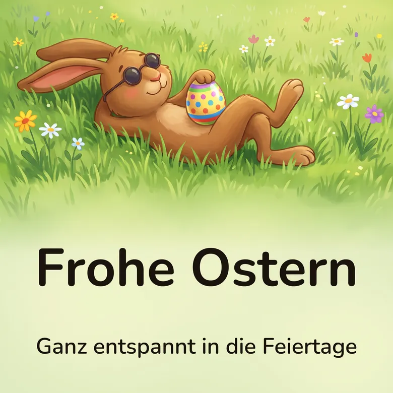 Osterbild: brauner Hase mit runder dunkler Sonnenbrille, entspannt im hohen Gras zurückgelehnt, ein kleines geflecktes Ei an sich gedrückt, ringsum Wiesenblumen, mit dem Schriftzug „Frohe Ostern“ und „Ganz entspannt in die Feiertage“