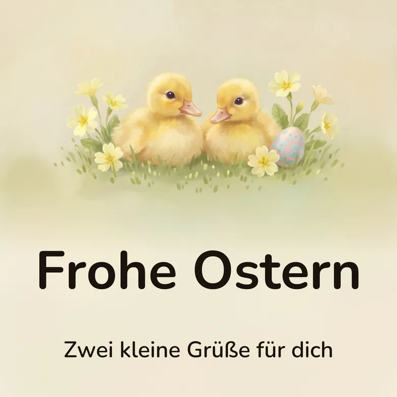 Osterbild: zwei flauschige gelbe Entenküken, die einander zugewandt im Gras zwischen blassgelben Primeln sitzen, daneben ein hellblau gesprenkeltes Ei, mit dem Schriftzug „Frohe Ostern“ und „Zwei kleine Grüße für dich“