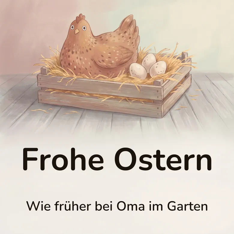 Osterbild: gesprenkelte braune Henne im Stroh einer flachen, verwitterten Holzkiste, daneben drei helle gesprenkelte Eier, auf grauen Dielen und in gedeckten, verblichenen Farben, mit dem Schriftzug „Frohe Ostern“ und „Wie früher bei Oma im Garten“