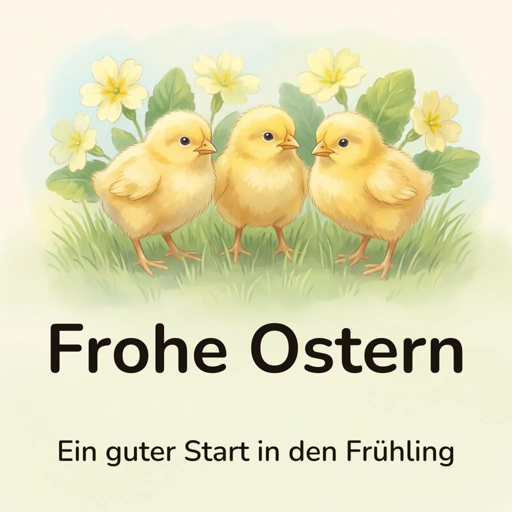 Osterbild: drei flauschige gelbe Küken stehen dicht beieinander im kurzen Frühlingsgras vor blassen Primeln, mit dem Schriftzug „Frohe Ostern“ und „Ein guter Start in den Frühling“