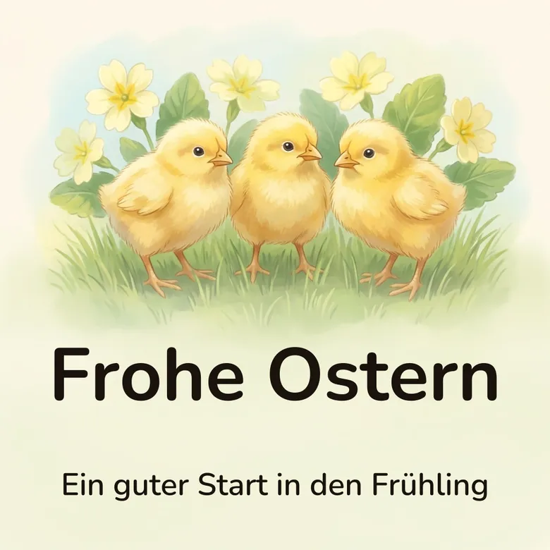 Osterbild: drei flauschige gelbe Küken stehen dicht beieinander im kurzen Frühlingsgras vor blassen Primeln, mit dem Schriftzug „Frohe Ostern“ und „Ein guter Start in den Frühling“