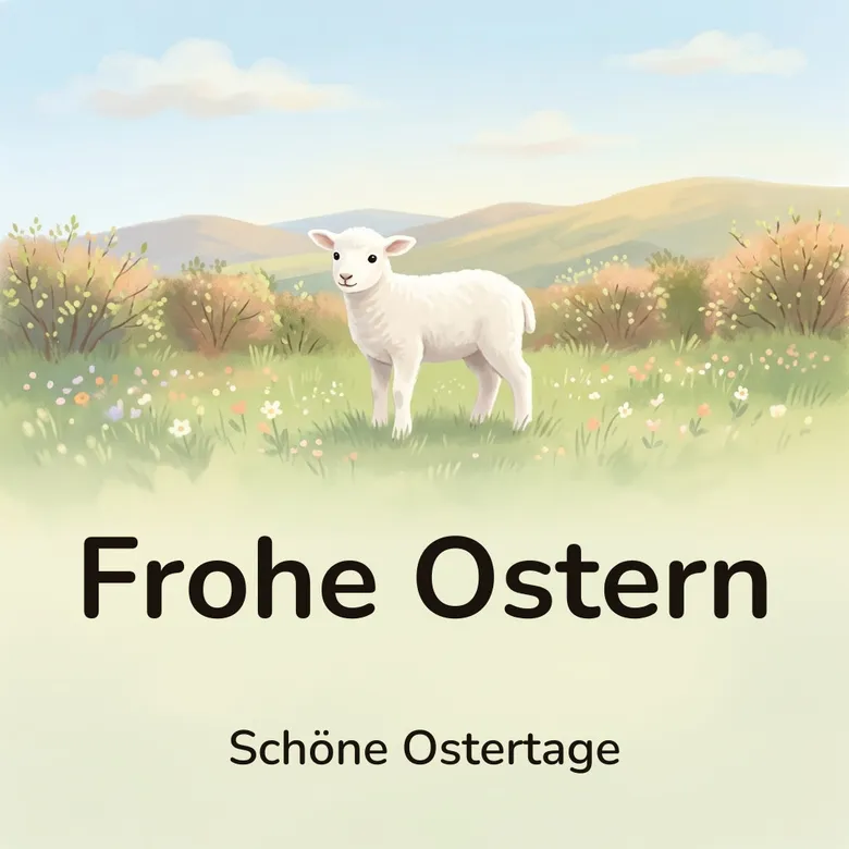 Osterbild: weißes Lamm auf einer grünen Frühlingsweide vor einer knospenden Hecke und weichen Hügeln, mit dem Schriftzug „Frohe Ostern“ und „Schöne Ostertage“