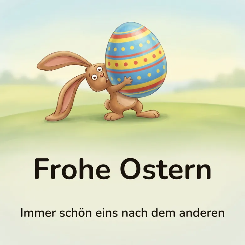 Osterbild: brauner Comic-Hase mit langen Schlappohren, der ein viel zu großes blaues Ei mit roten Streifen und gelben Punkten mühsam auf dem Rücken trägt, auf einer grünen Frühlingswiese, mit dem Schriftzug „Frohe Ostern“ und „Immer schön eins nach dem anderen“